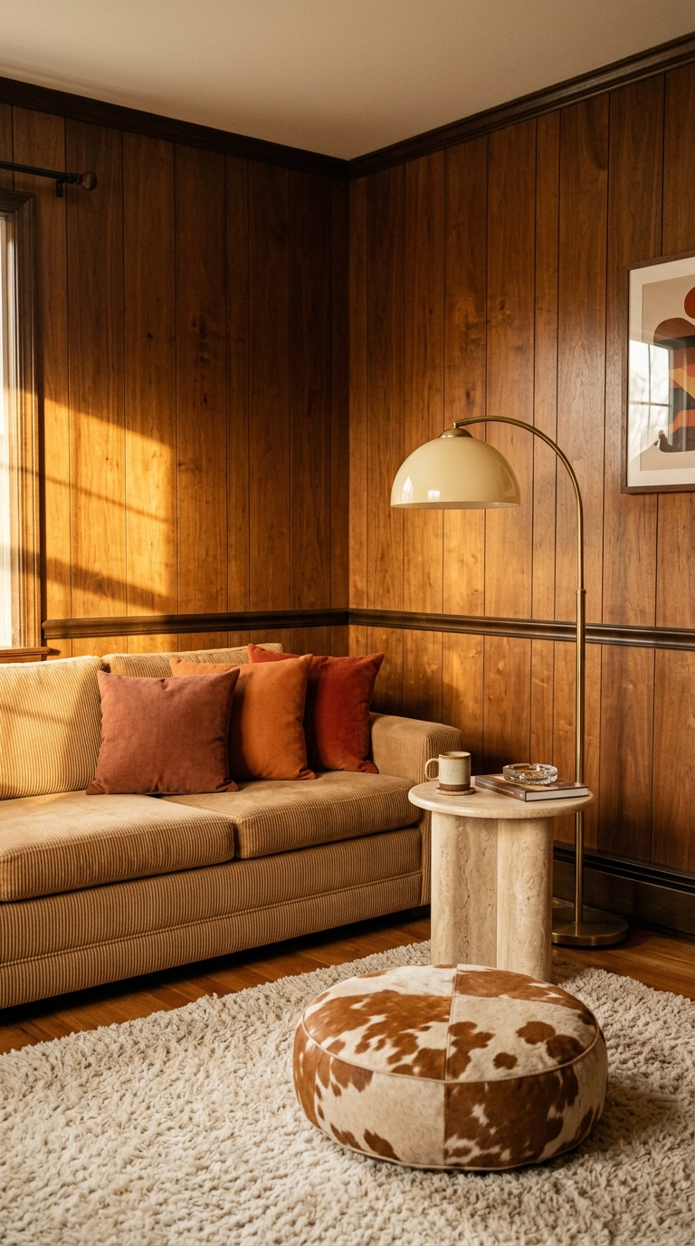 Brown cow print floor pouf in a 70s retro den with camel corduroy sofa and wood paneling