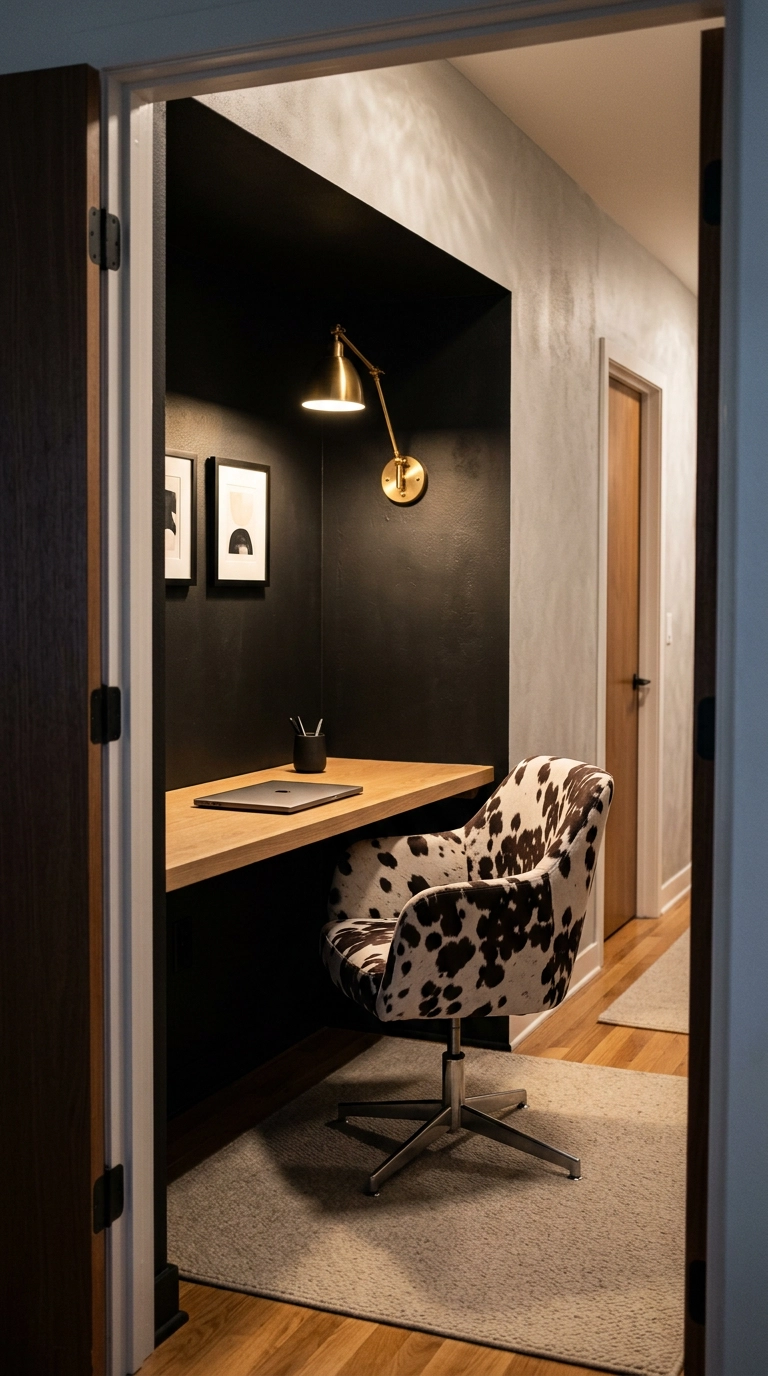 Cow print upholstered swivel desk chair at a white oak desk in a black painted office nook