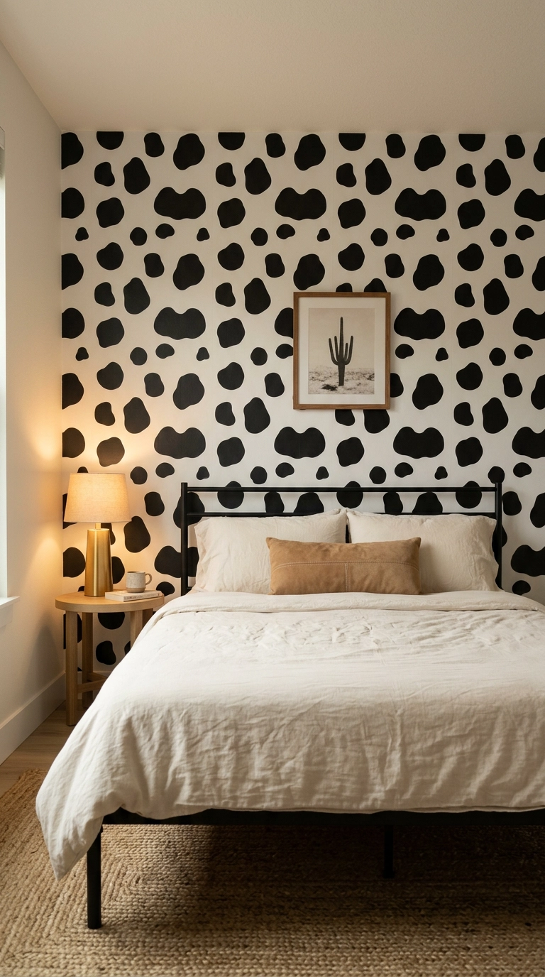 Removable cow print wallpaper accent wall behind a black metal bed in a rental bedroom