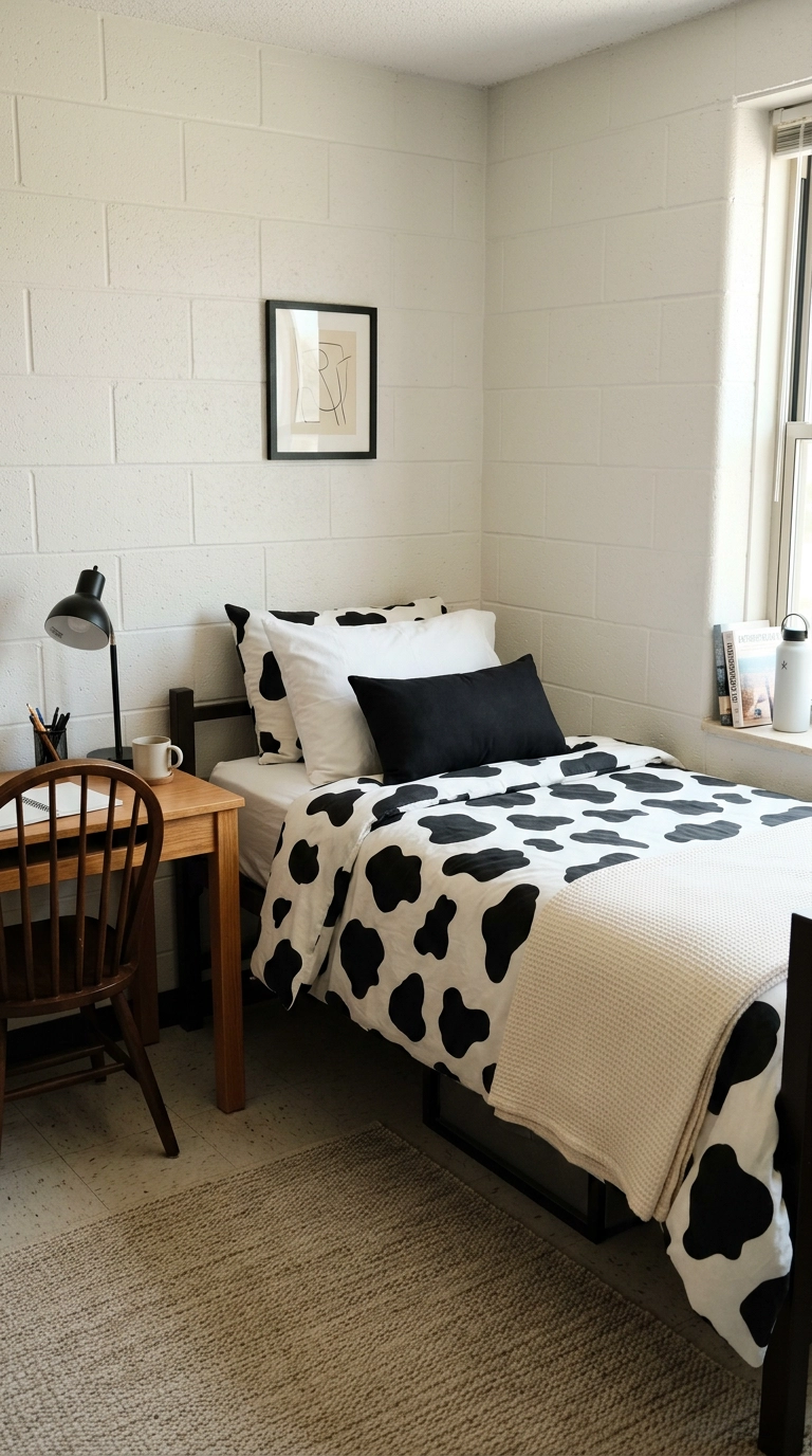 Cow print duvet on a dorm twin XL bed against a painted cinderblock wall