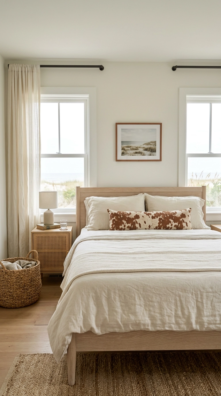 Warm brown cow print bolster pillow on a bleached oak bed in a coastal cowgirl bedroom