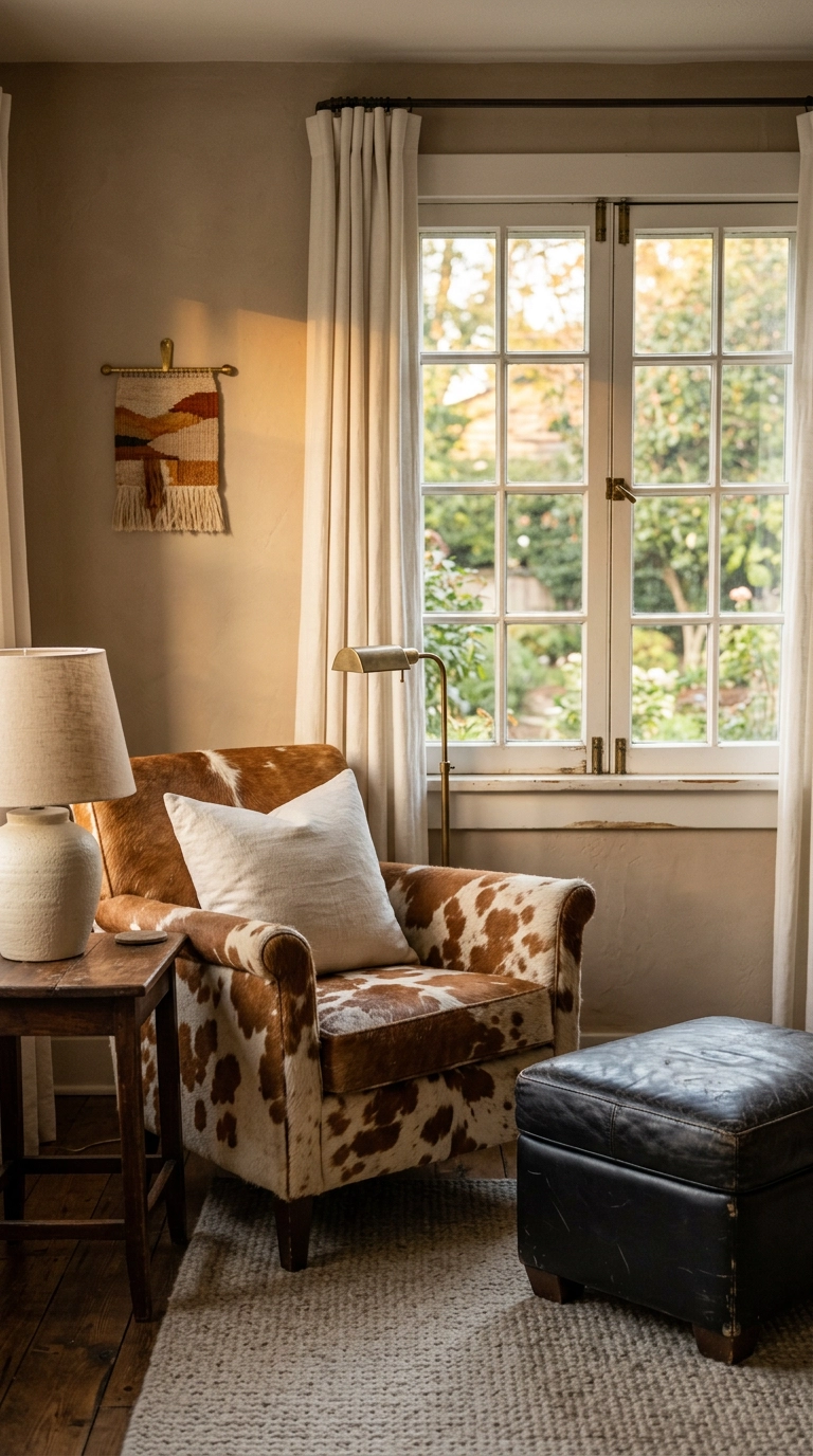 Brown and cream cow print accent chair with a black leather ottoman in a living room corner