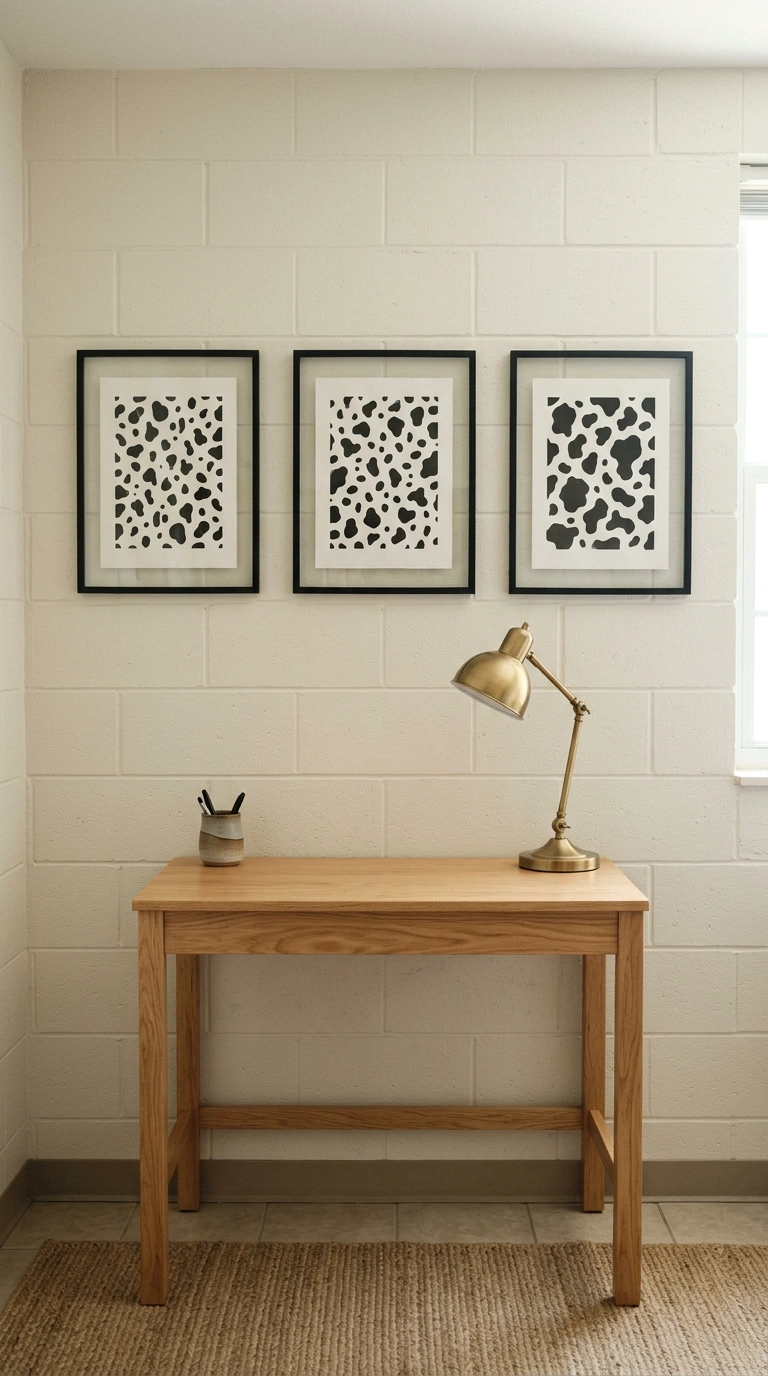Three framed cow print abstract art prints hung above a dorm desk with a brass lamp