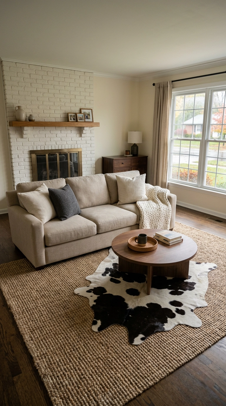 Small black and white cowhide layered on a large jute rug in a suburban living room