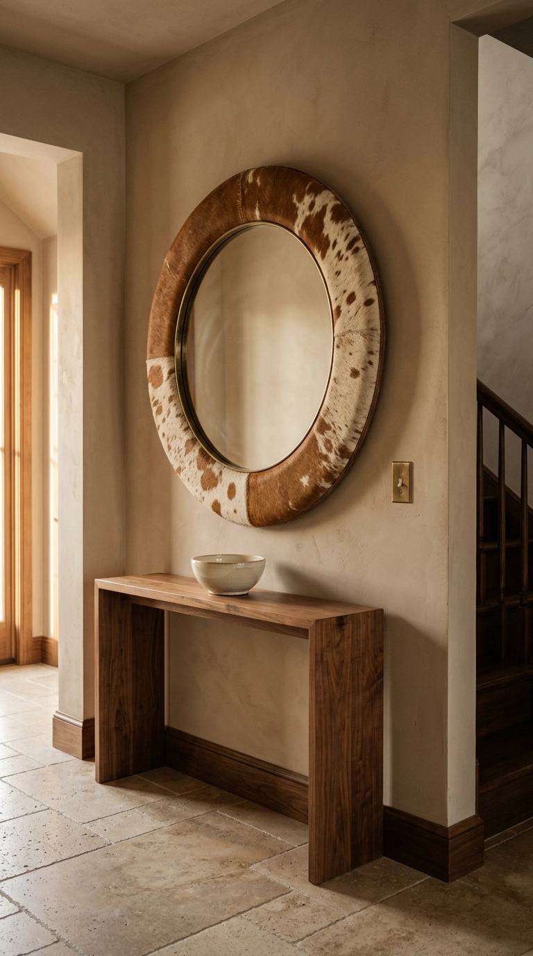 Round mirror with a brown cow print hide surround above a walnut console in a hallway