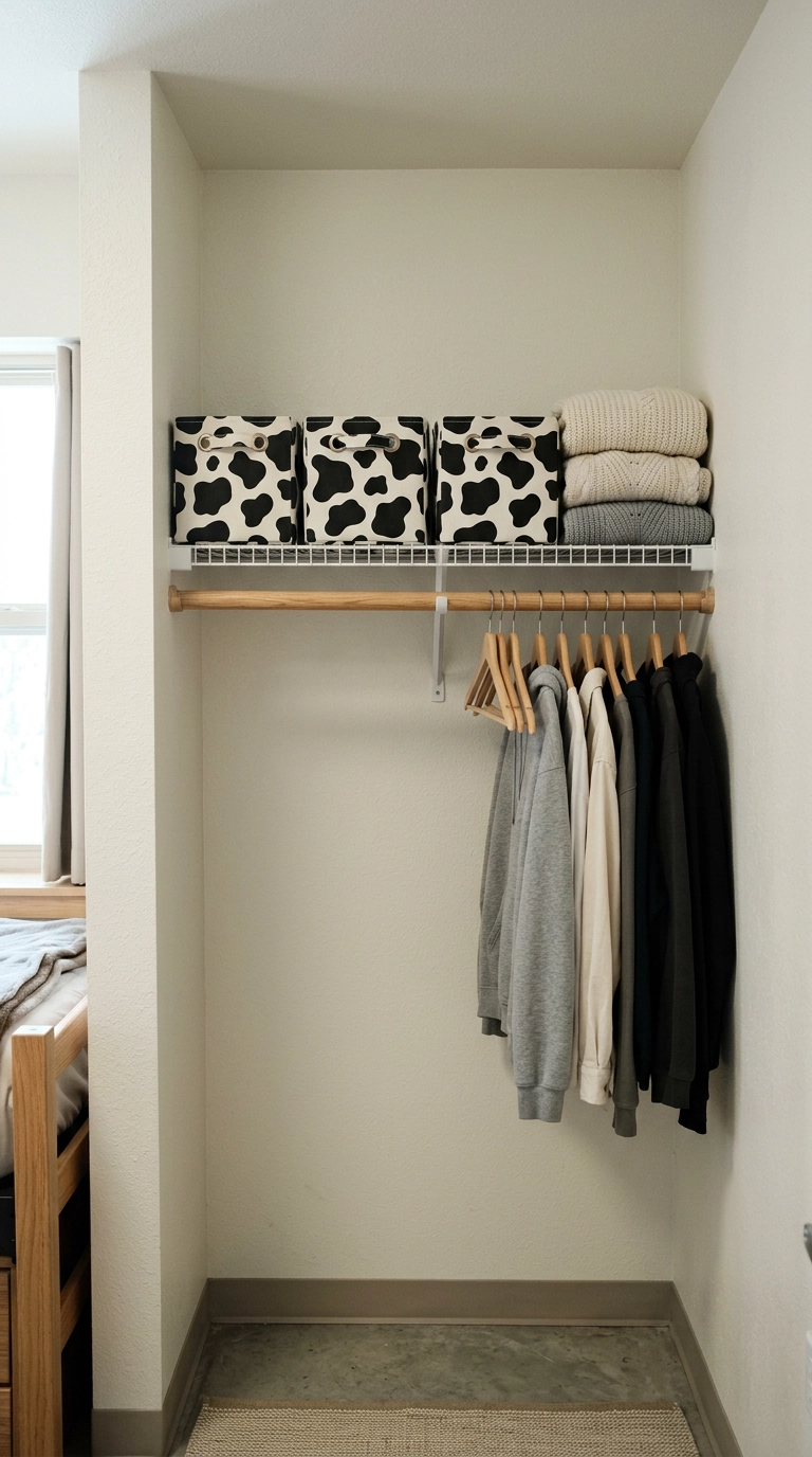 Three cow print fabric storage bins on a dorm closet shelf beside folded sweaters