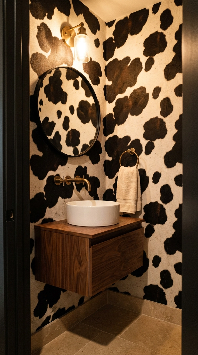 Small windowless powder room fully wallpapered in black and white cow print with a walnut vanity
