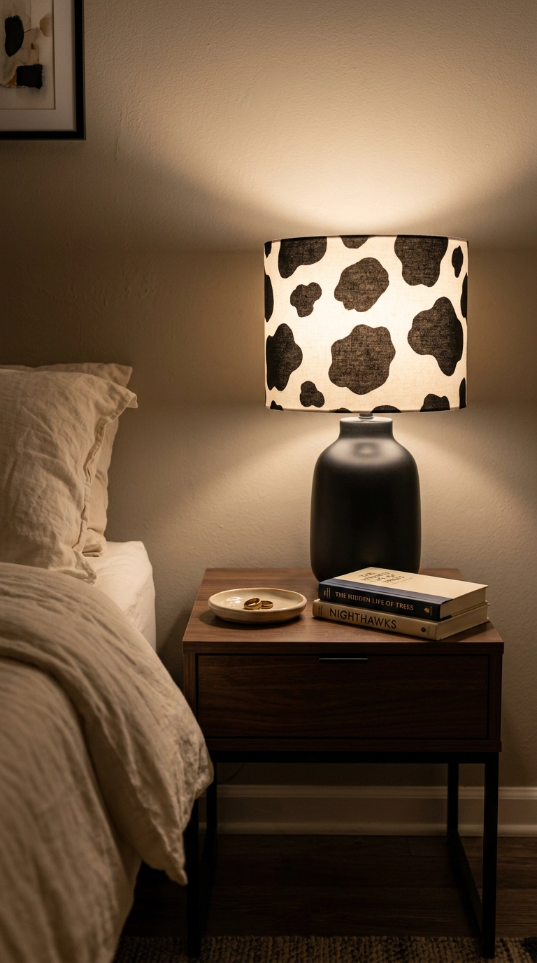 Cow print lampshade on a black ceramic lamp base on a walnut nightstand at night