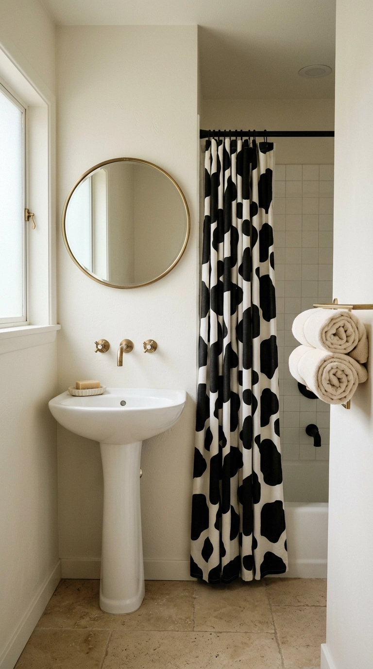 Black and white cow print shower curtain in a small bathroom with a pedestal sink