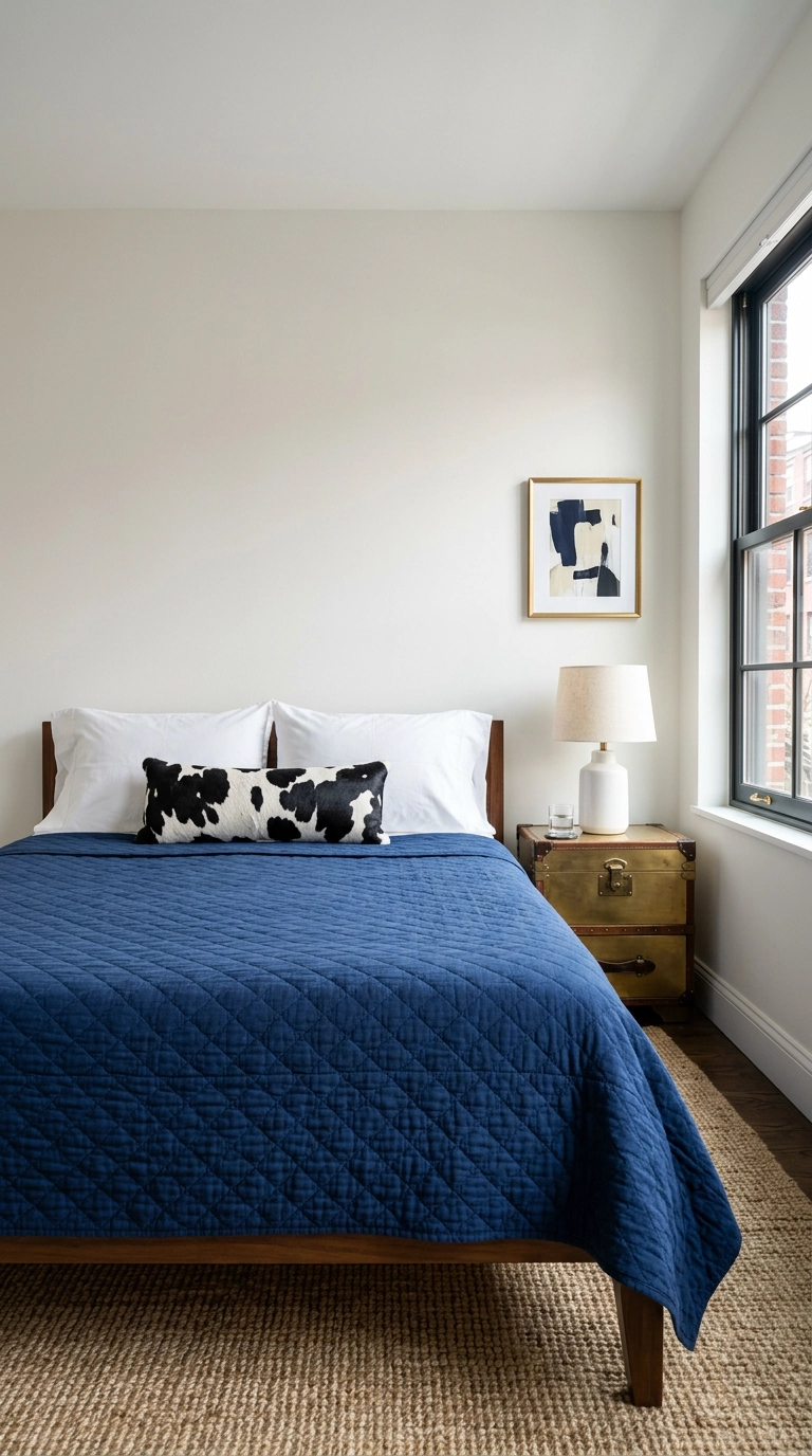 Cow print bolster pillow on a navy quilted bed in a preppy first apartment bedroom
