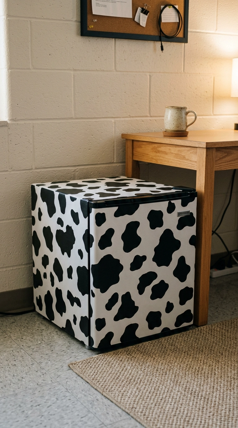 Mini fridge wrapped in black and white cow print vinyl beside a light oak dorm side table