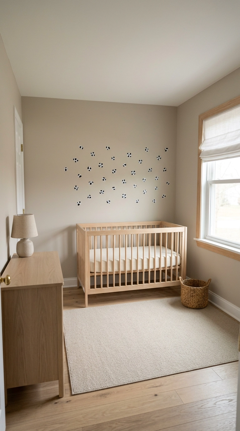 Small cow print spot wall decals above a light oak crib in a neutral nursery