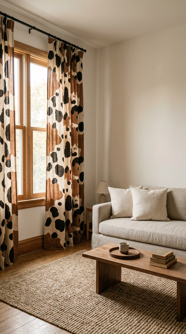 Brown and cream cow print curtain panels on a high rod in a neutral apartment living room