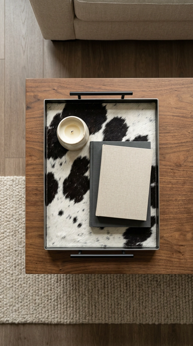Overhead view of a cow print hide tray with a candle and two books on a walnut coffee table