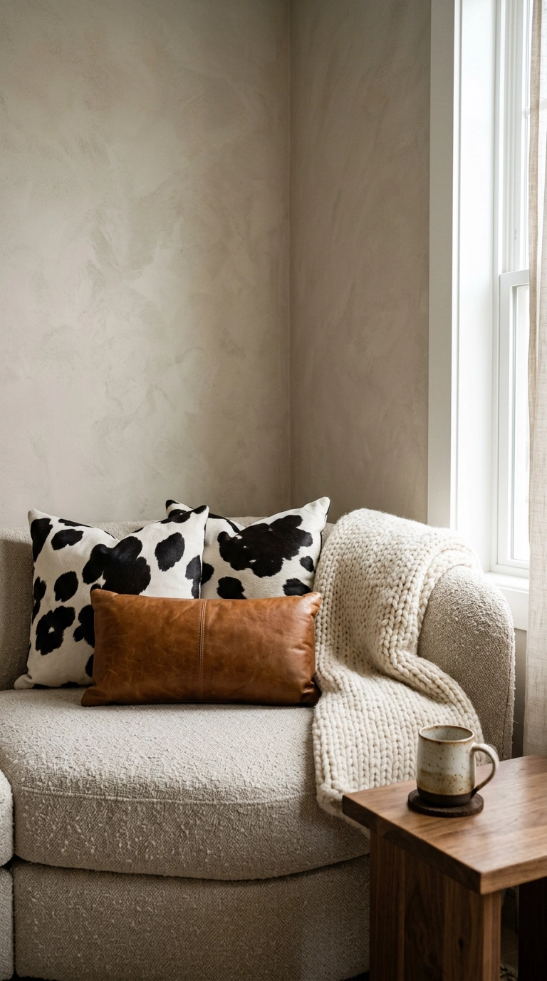 Two 18-inch cow print pillow covers on an oatmeal sofa in a bright apartment living room