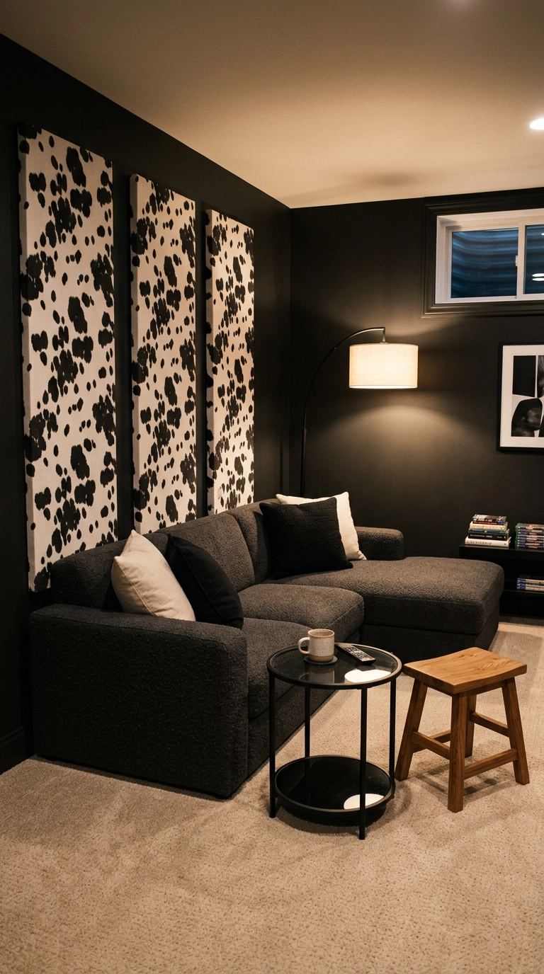 Three cow print fabric wall panels behind a charcoal sectional in a basement teen hangout