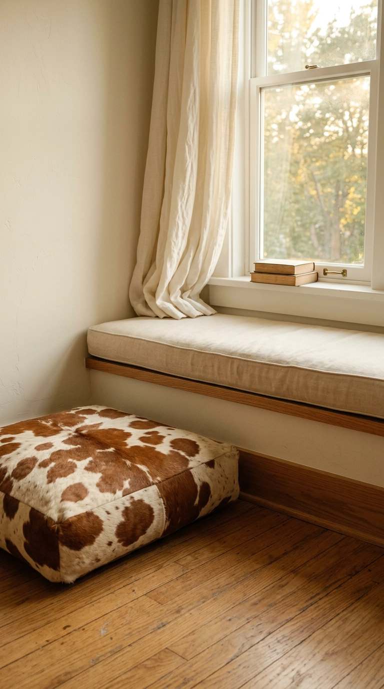 Brown cow print floor cushion beside a window seat reading nook in a bungalow bedroom