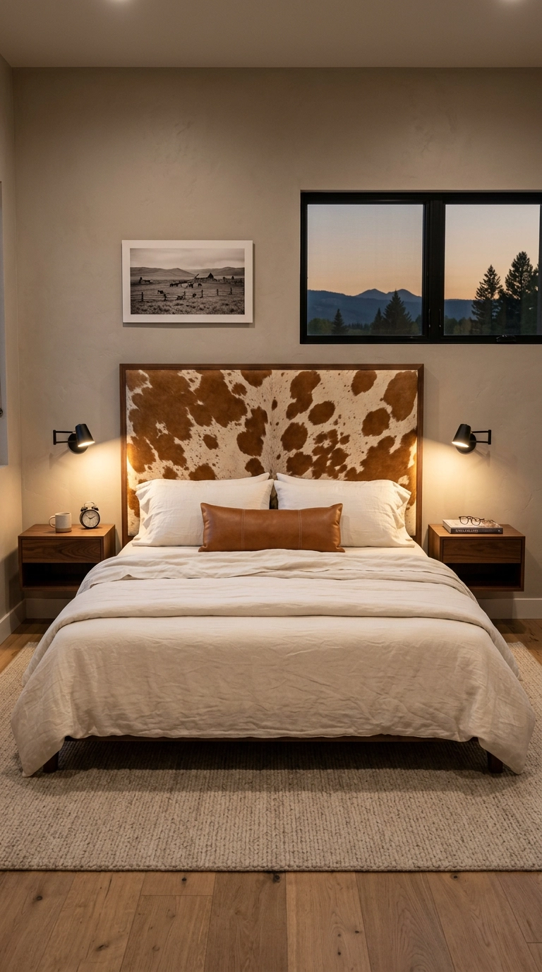 Brown and cream cow print upholstered headboard with cream linen bedding in a ranch bedroom