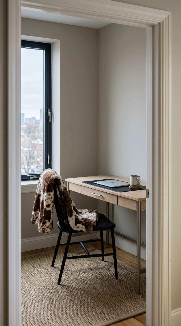 Brown and cream cow print throw draped over a black desk chair in a small home office nook