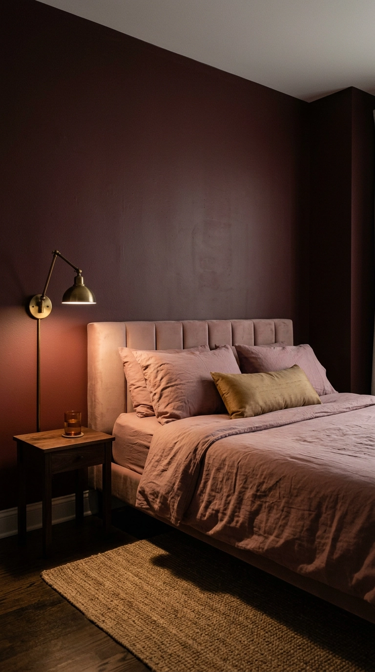 Oxblood painted bedroom with dusty rose bedding and a blush velvet headboard at night