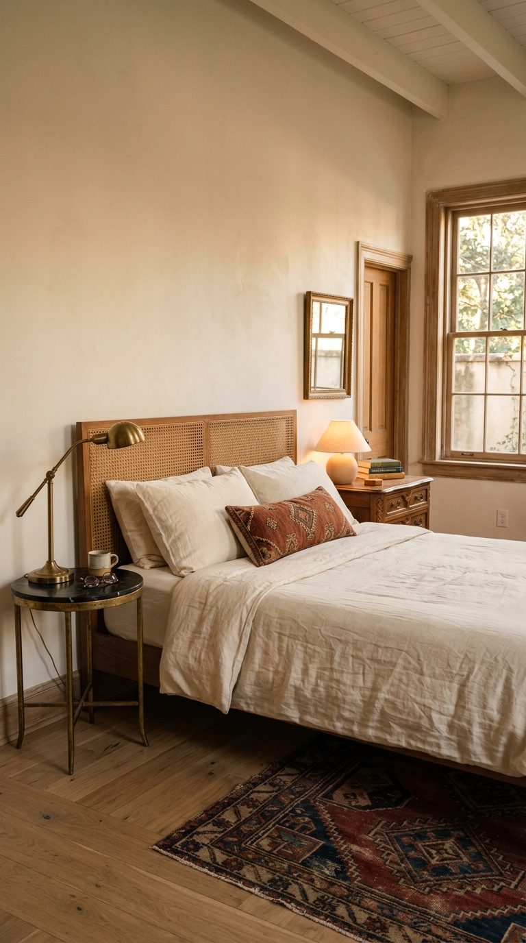 Bedroom with a brass round nightstand on one side and a carved walnut chest on the other
