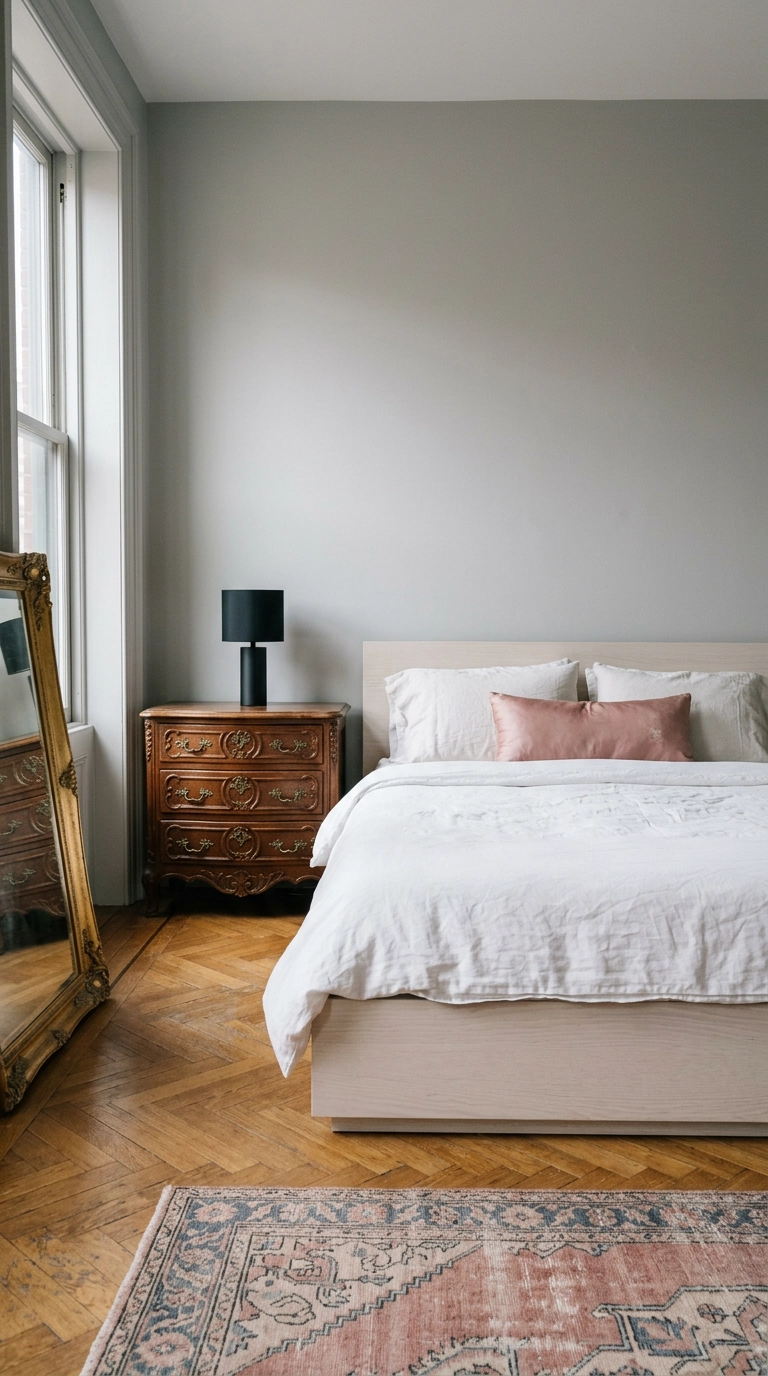 Ornate antique mahogany chest beside a minimal pale oak bed in a grey eclectic bedroom
