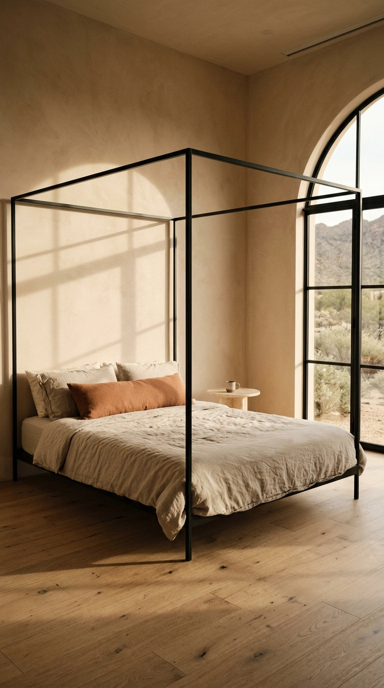 Bare matte black four-poster canopy frame with no fabric in a clay plaster bedroom