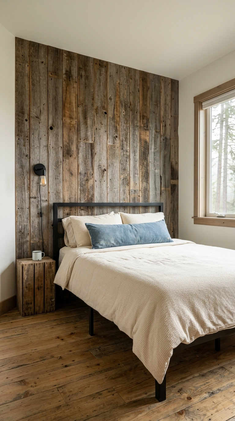 Reclaimed barn wood accent wall behind a black metal bed frame with cream waffle bedding