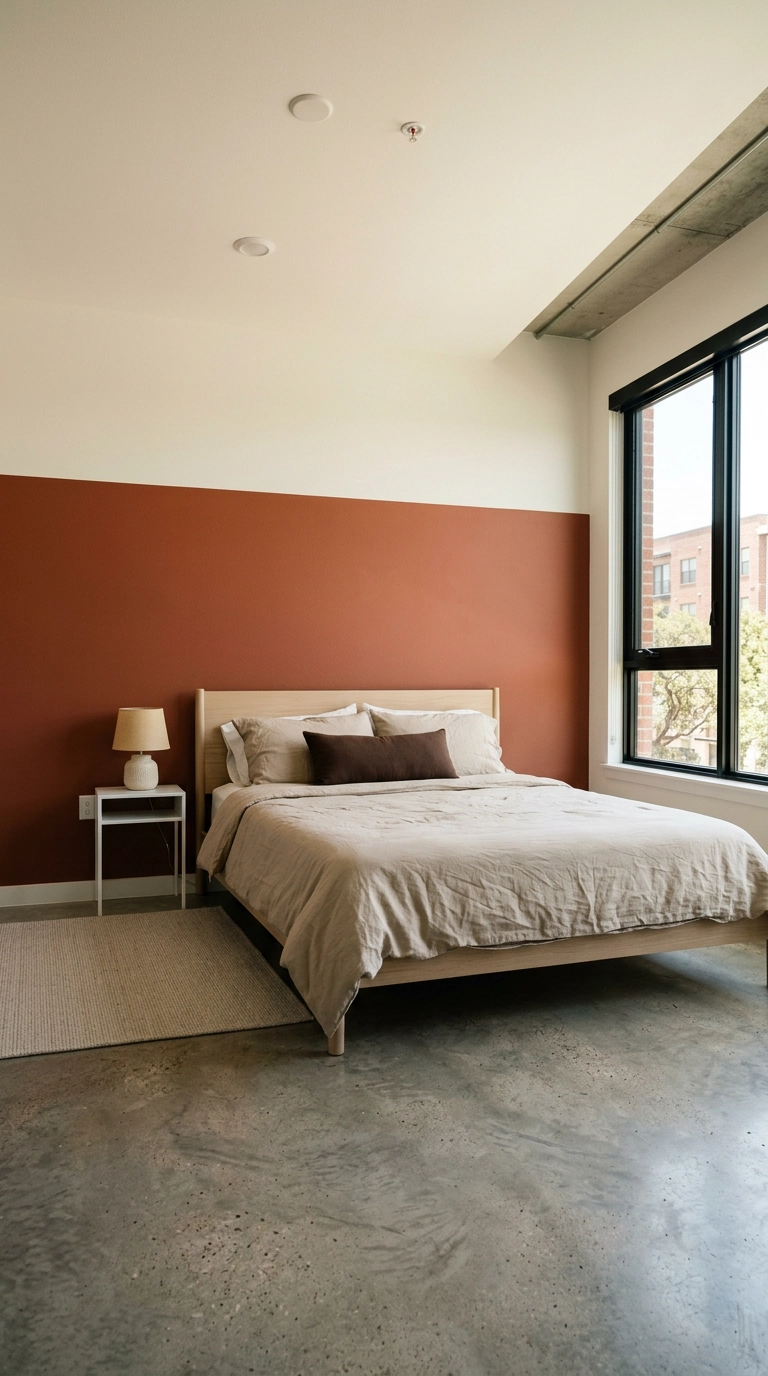 Bedroom wall color blocked in clay terracotta up to five feet with warm white above