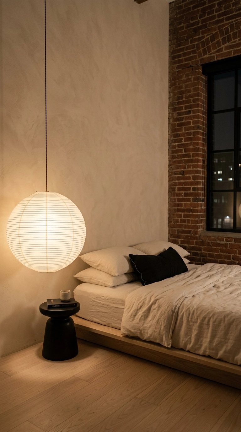 Oversized glowing rice paper lantern hanging low beside a low ash wood platform bed