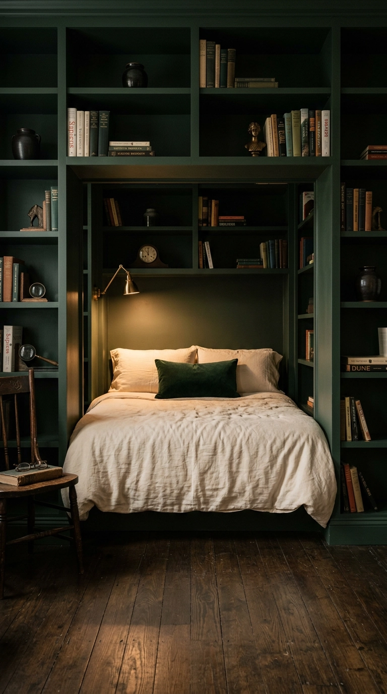 Bed recessed into a forest green built-in bookshelf alcove with a brass reading sconce