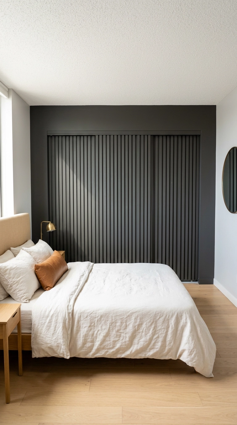 Sliding closet doors clad in charcoal vertical wood slats matching the bedroom wall