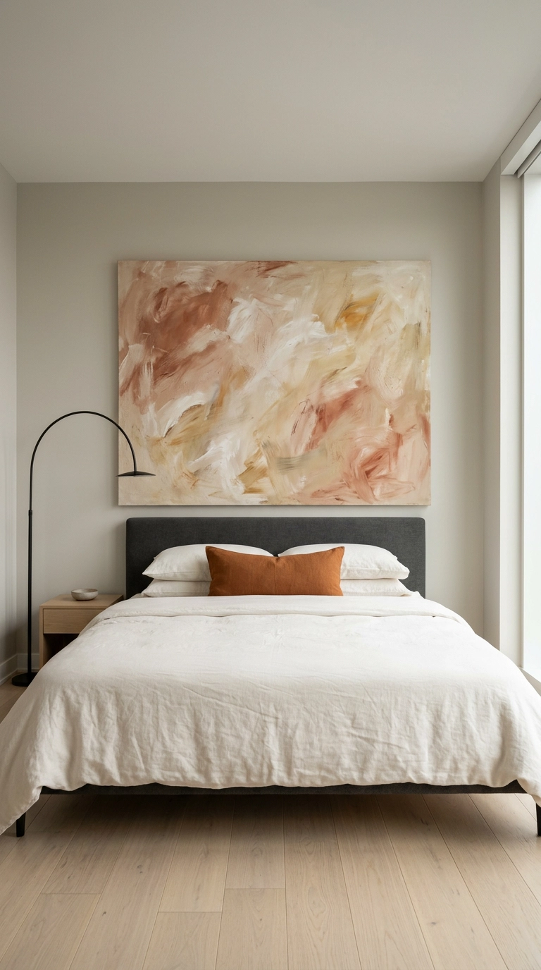 Oversized abstract terracotta canvas hung low above a king bed with a charcoal headboard