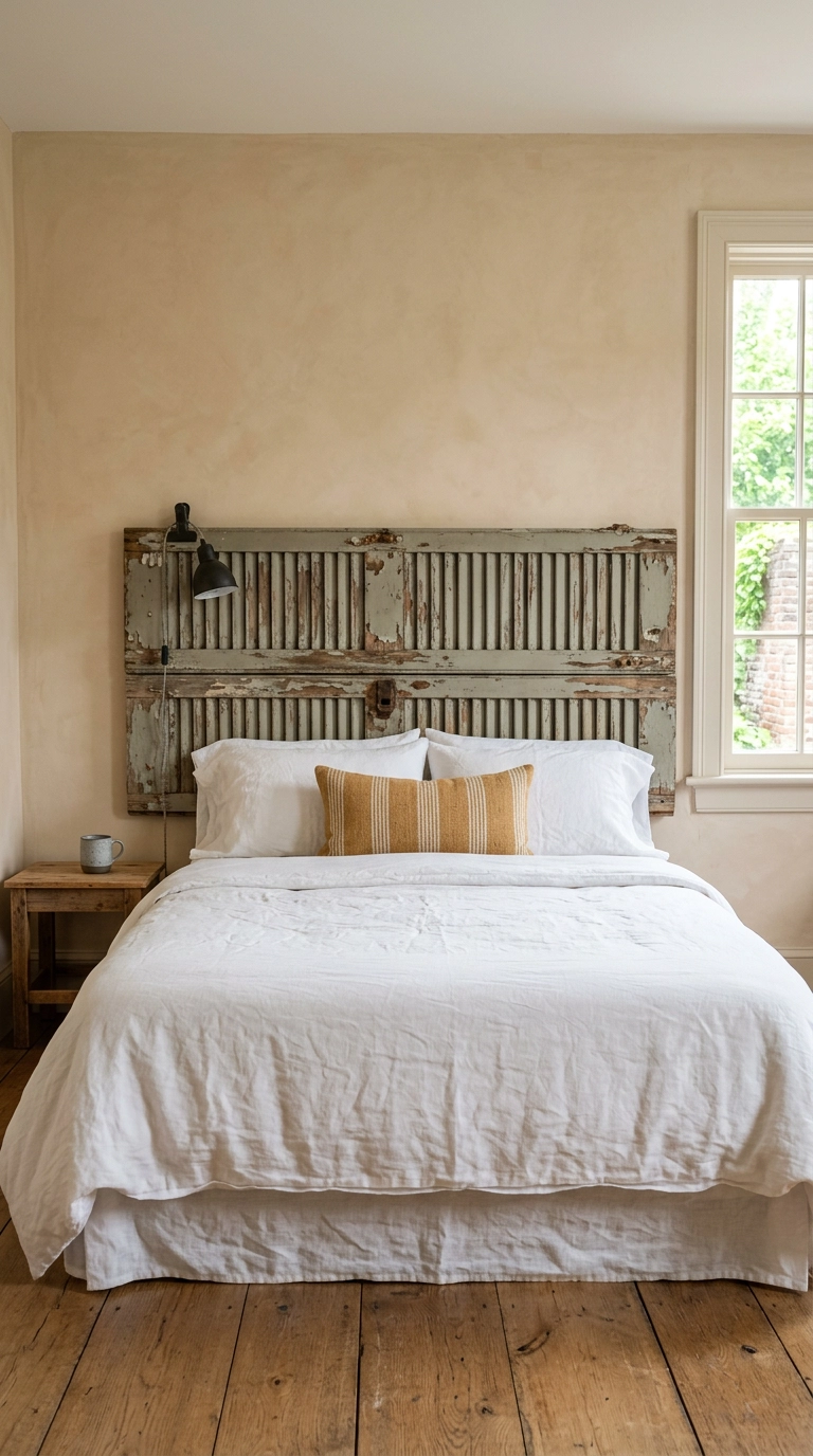 Bed with a headboard made from two salvaged weathered wooden shutters mounted on the wall