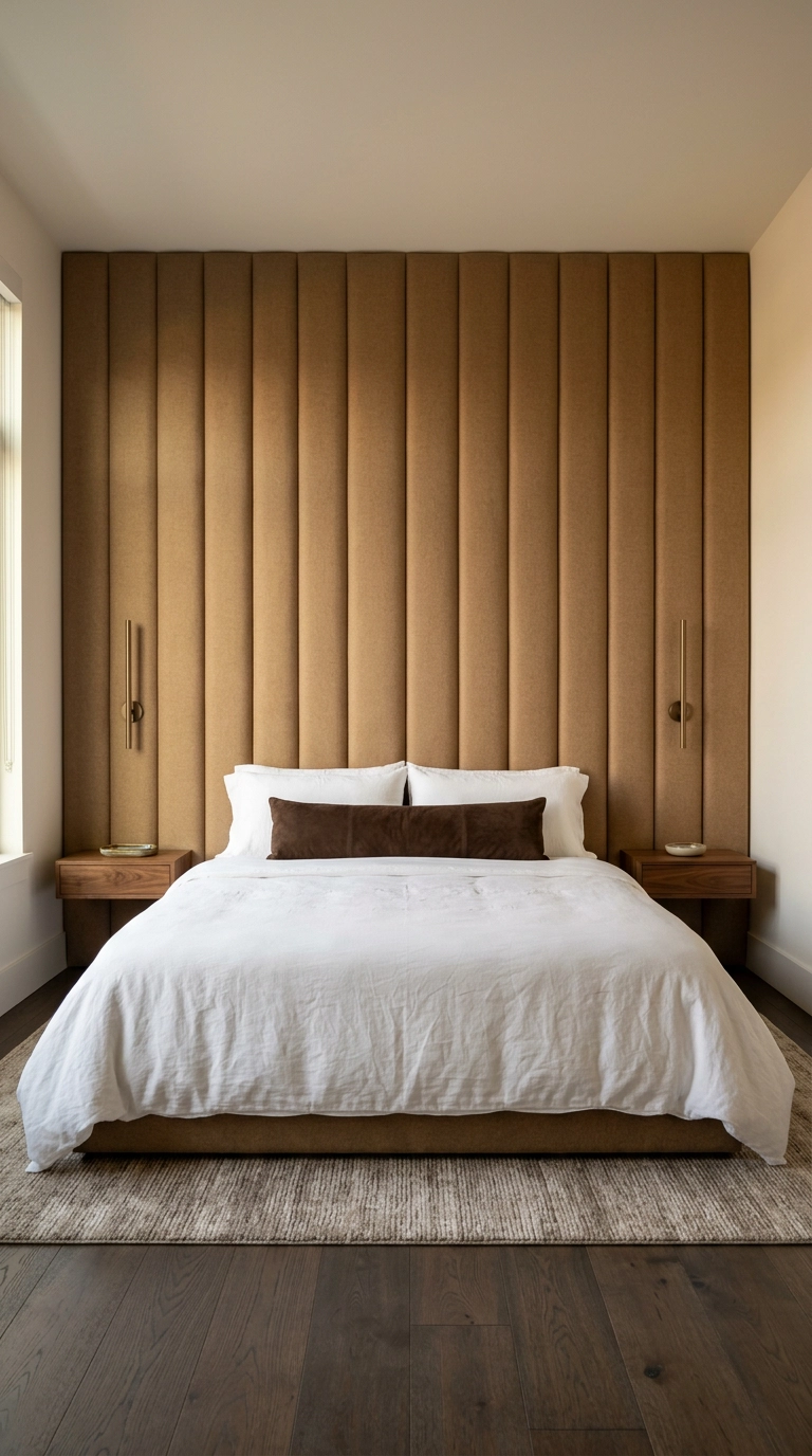 Full wall upholstered in camel wool channel tufting behind a king bed with white bedding