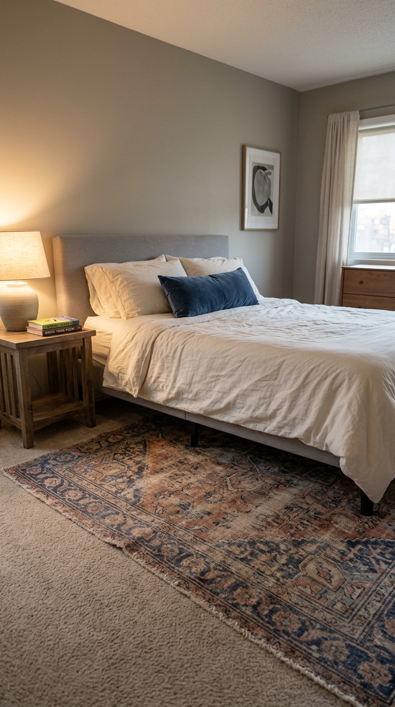 Faded indigo and terracotta Persian rug layered over beige wall-to-wall bedroom carpet
