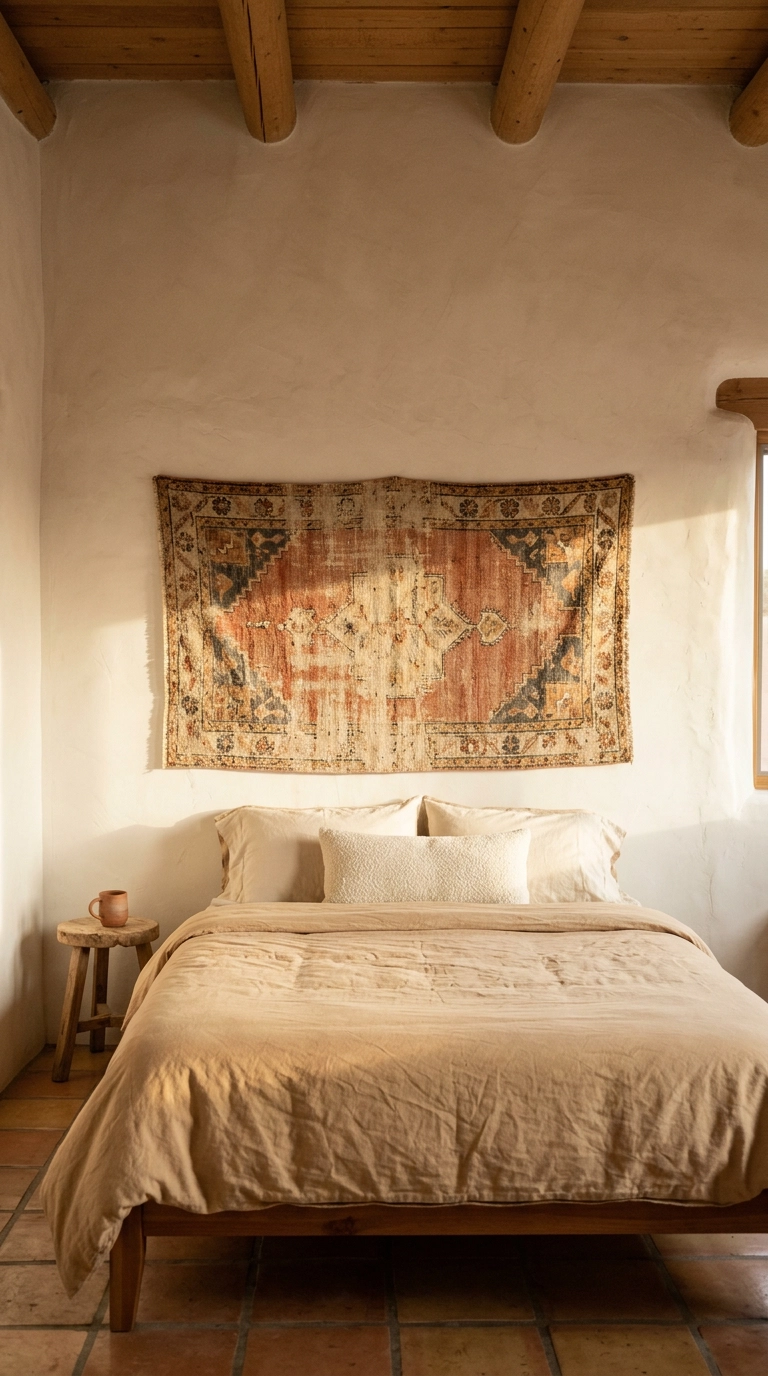 Vintage rust and cream kilim textile hung flat on a plaster wall as a headboard