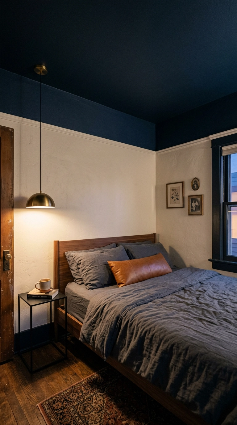 Small bedroom with a deep navy painted ceiling above bone-white walls and a walnut bed