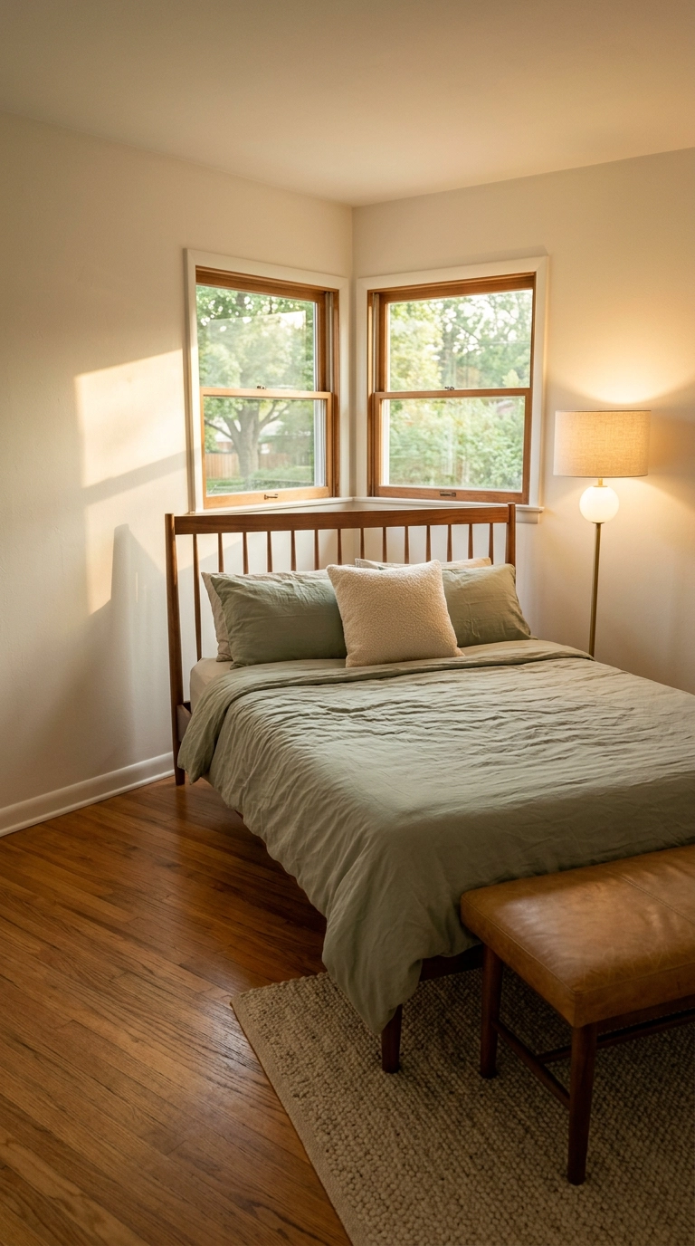 Mid-century bedroom with a queen bed angled diagonally across a corner between two windows
