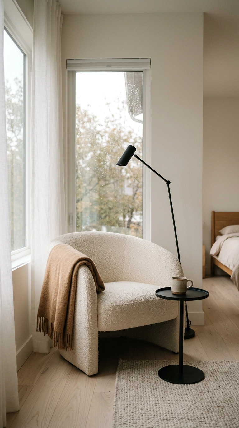 Cream boucle armchair with a caramel throw in a bedroom reading corner by a window