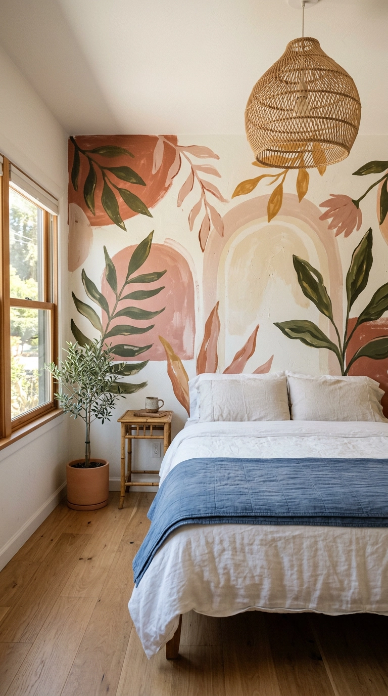 Hand-painted terracotta and pink botanical leaf mural behind a bed in a boho bedroom