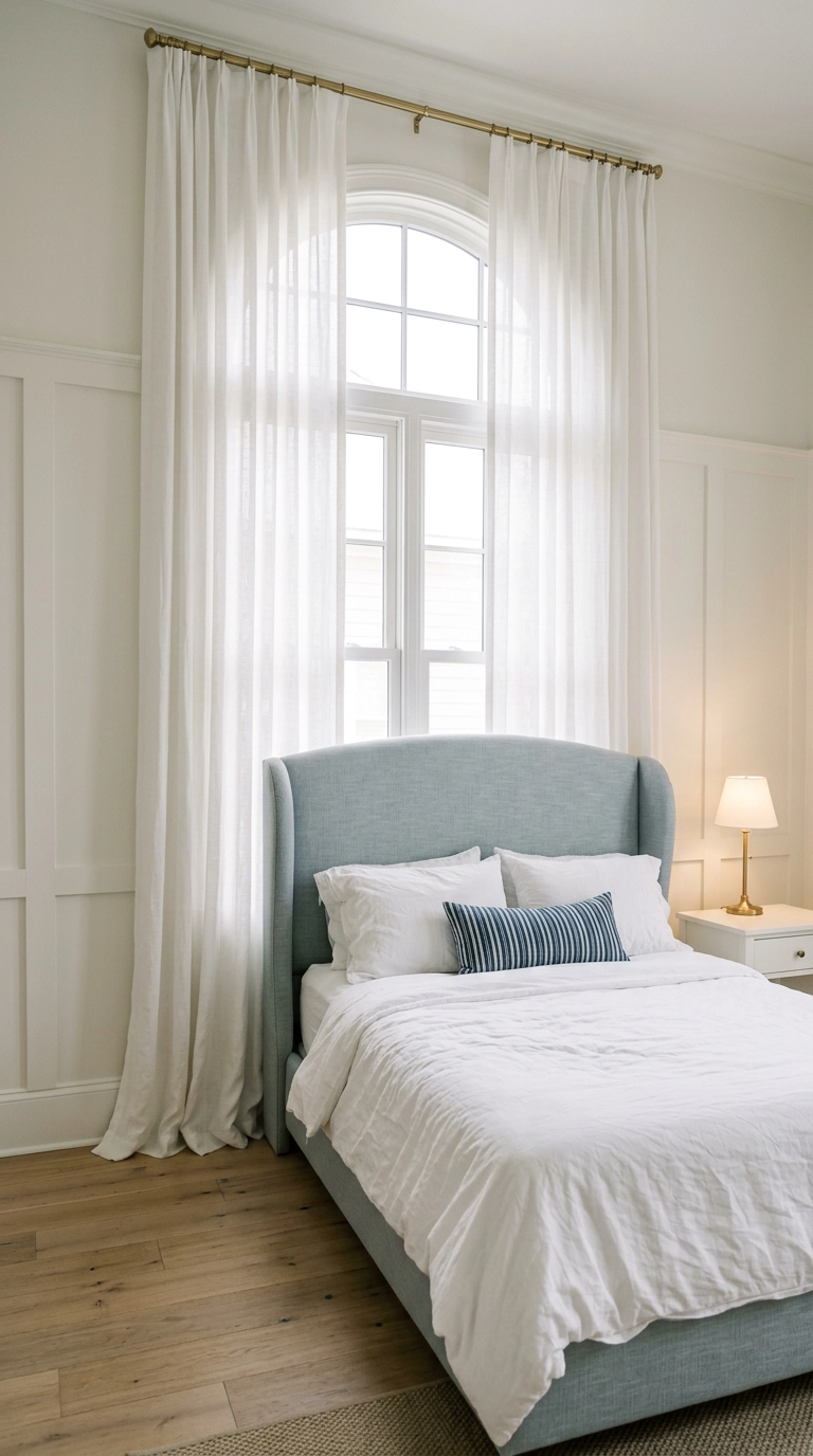 High-hung sheer linen curtains pooling on the floor beside a curved pale blue headboard
