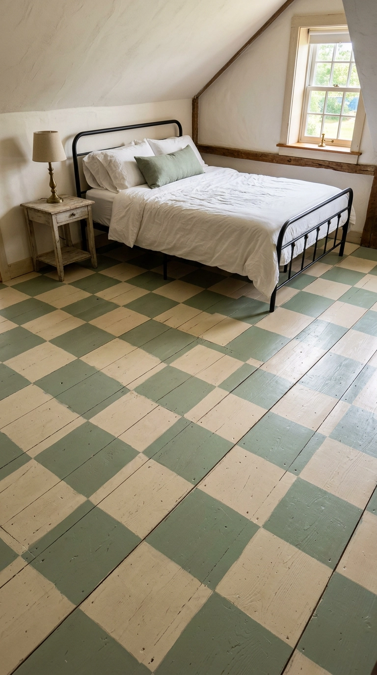 Sage green and cream checkerboard painted wood floor in a sloped-ceiling bedroom