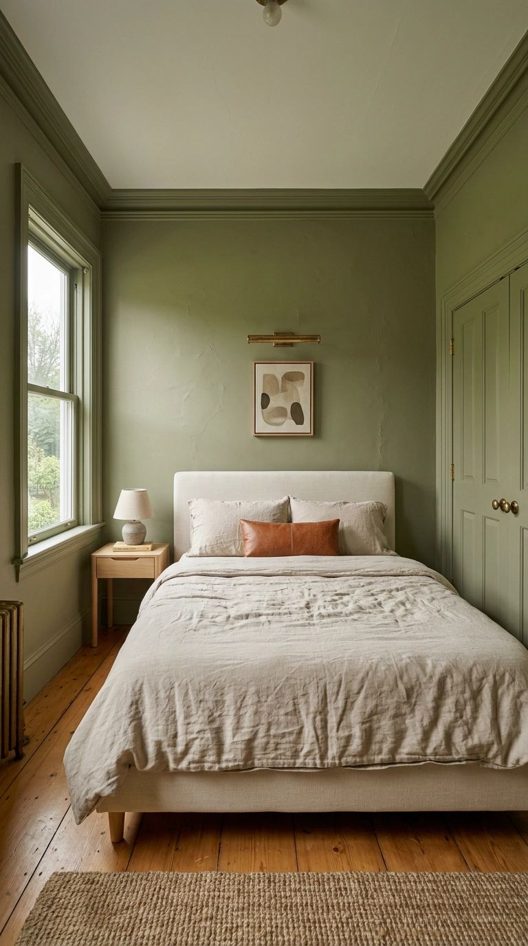 Small bedroom color drenched in matte olive green across walls, trim, and closet door