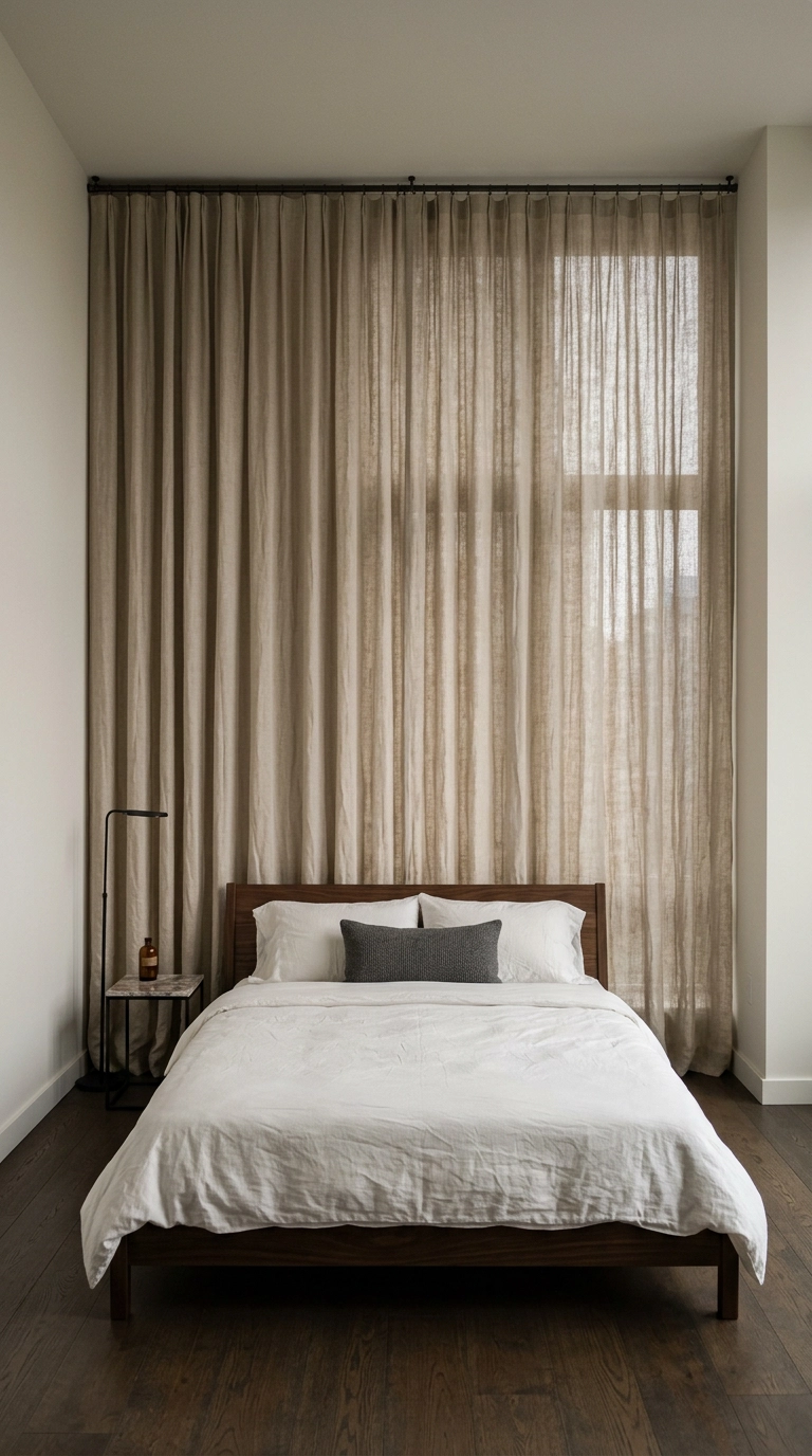 Full wall of floor-to-ceiling oatmeal linen curtains behind a low walnut platform bed