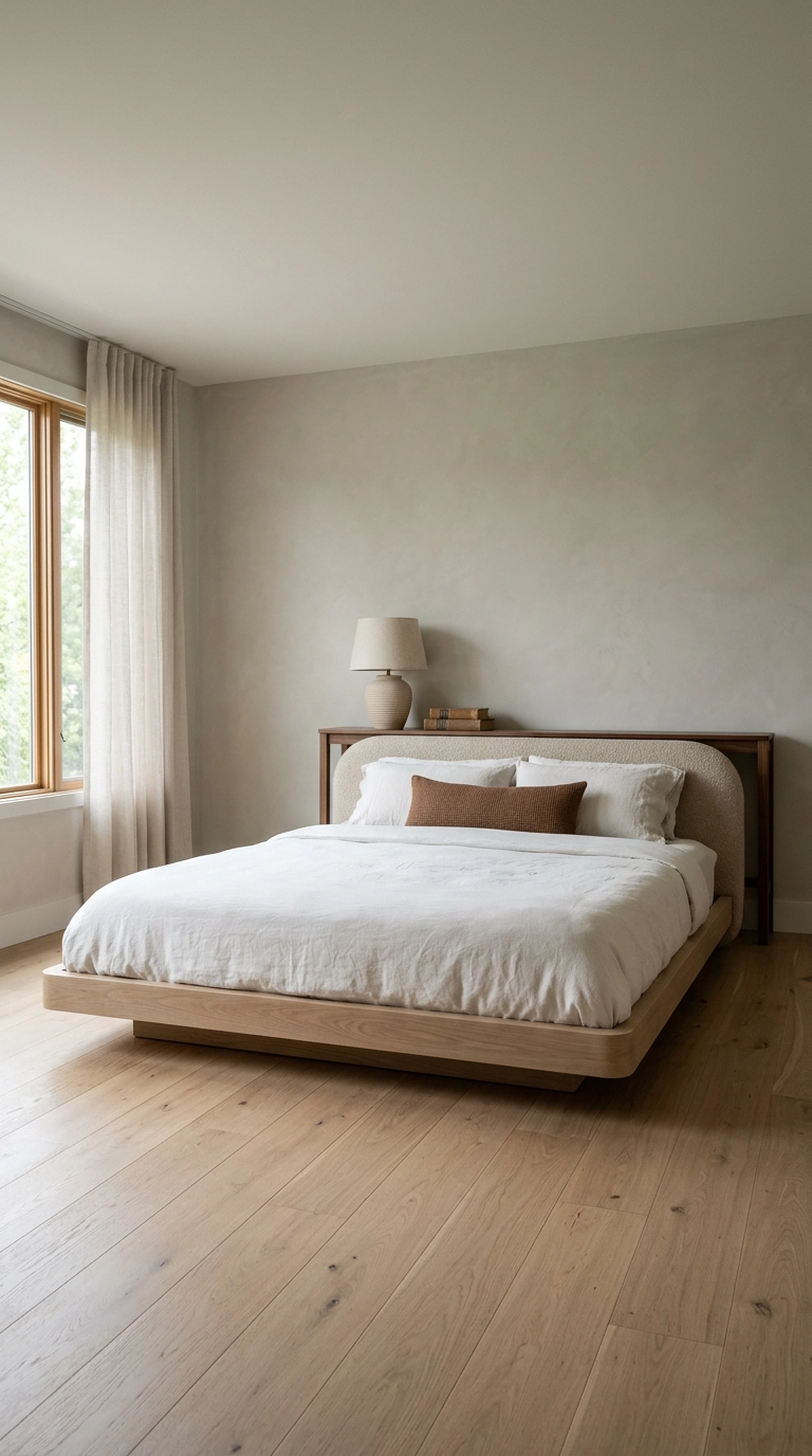 Queen bed floating in the center of a greige bedroom with a walnut console behind the headboard