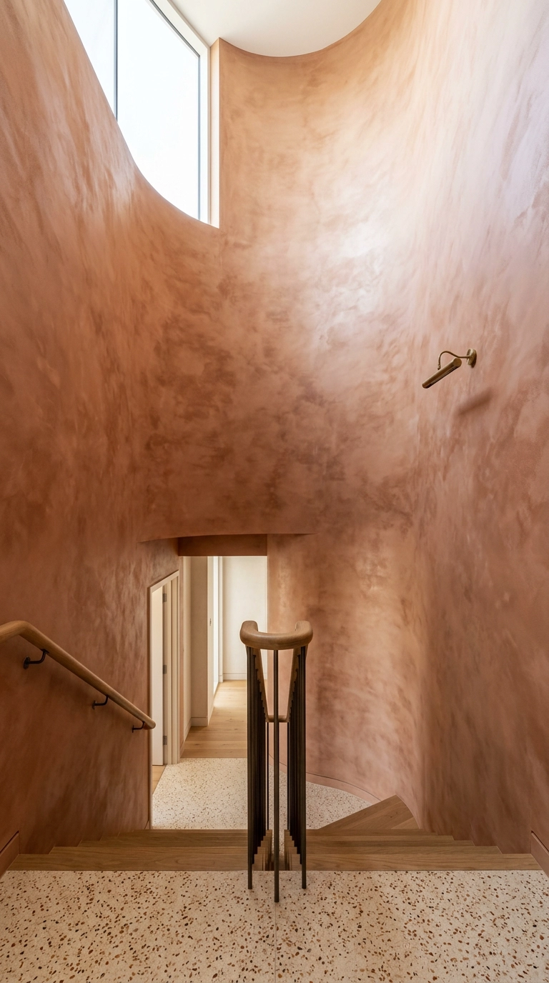 Curved stairwell with mottled terracotta limewash plaster walls