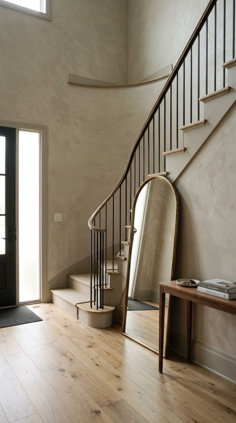 Large arched brass mirror leaning at the base of a curved staircase