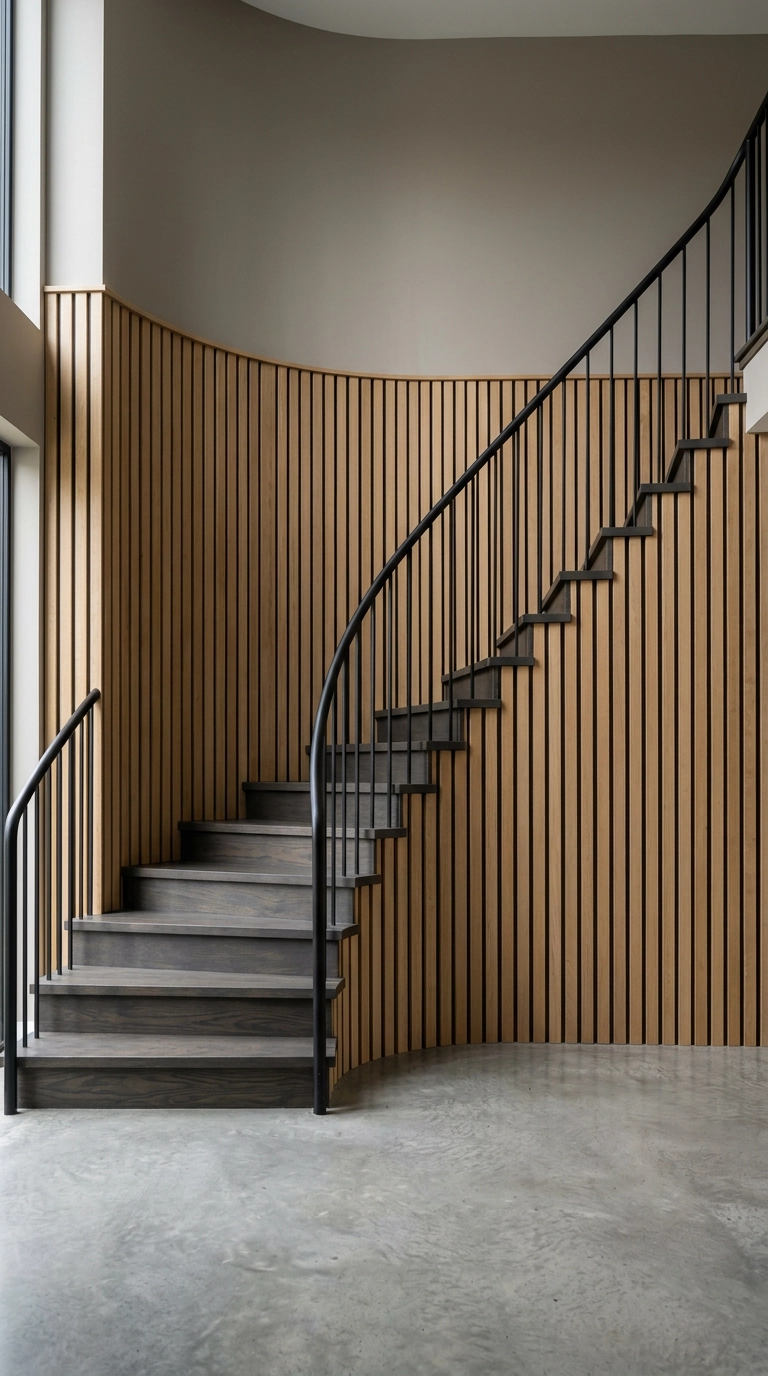 Curved staircase with vertical white oak slat paneling on the stair wall