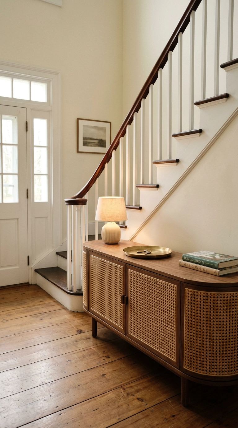 Low cane and walnut console curving alongside the base of a staircase